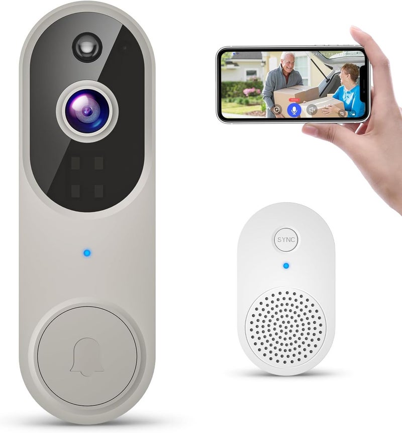 GridTera 1080p Wireless Video Doorbell Camera, AI Human Detection, Live View, Night Vision, Cloud Storage, 2.4G WiFi, Battery Powered, Indoor Outdoor Surveillance (Doorbell Receiver Included (Linen)) - Image 1